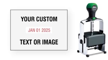 Order Now! Shiny 6108 Heavy Metal Date Stamp. Add lines of text or upload artwork to the imprint area around the date. Free Shipping. No Sales Tax - Ever!
