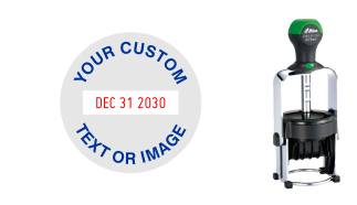 Order Now! Shiny 6109 Heavy Metal Round Date Stamp. Add lines of text or upload artwork to imprint around the date. Free Shipping. No Sales Tax - Ever!