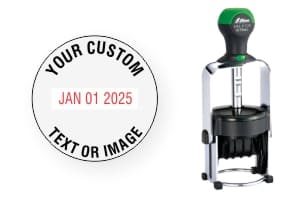Order Now! Shiny 6109 Heavy Metal Round Date Stamp. Add lines of text or upload artwork to imprint around the date. Free Shipping. No Sales Tax - Ever!