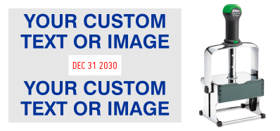 Order Now! Shiny 6114 Heavy Metal Date Stamp. Add lines of text or upload artwork to imprint around the date. Free Shipping. No Sales Tax - Ever!