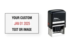 Shiny custom date stamps made daily online. Add your custom text to a changeable date stamp with 11+ year bands. All date stamps manufactured same day. 100% guaranteed. No sales tax ever.