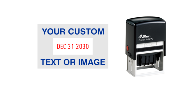 Shiny custom date stamps made daily online. Add your custom text to a changeable date stamp with 11+ year bands. All date stamps manufactured same day. 100% guaranteed. No sales tax ever.