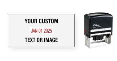 Shiny custom date stamps made daily online. Add your custom text to a changeable date stamp with 11+ year bands. All date stamps manufactured same day. 100% guaranteed. No sales tax ever.
