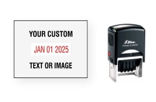 Shiny custom date stamps made daily online. Add your custom text to a changeable date stamp with 11+ year bands. All date stamps manufactured same day. 100% guaranteed. No sales tax ever.