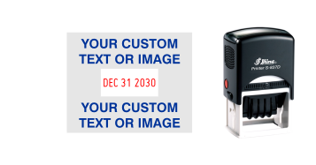 Shiny custom date stamps made daily online. Add your custom text to a changeable date stamp with 11+ year bands. All date stamps manufactured same day. 100% guaranteed. No sales tax ever.