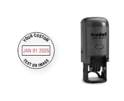 Custom Trodat Printy 46125 Round Date Stamps made to order. Add custom text or artwork around the adjustable date. Free Shipping. No Sales Tax - Ever!