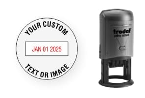 Customizable Trodat 46145 Round Date Stamps. Add your own text or artwork around the adjustable date. Free Shipping. No Sales Tax - Ever!