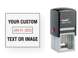 Order Now! Trodat Printy 4724 Plastic Date Stamp. Add custom text or artwork around the adjustable date. Free Shipping. No Sales Tax - Ever!