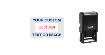 Custom Trodat Printy (1" x 1-5/8") 4750 Date Stamps made to order. Add your custom text or artwork around the adjustable date. Free Shipping! No Sales Tax!