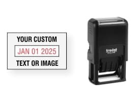 Custom Trodat Printy (1" x 1-5/8") 4750 Date Stamps made to order. Add your custom text or artwork around the adjustable date. Free Shipping! No Sales Tax!