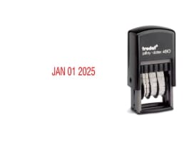 Trodat 4810 (5/32" x 13/16") Plastic Mini Date Stamp. 5/32" tall date, 10+ years, 8 ink colors to choose from. 1 business day turnaround. Free Shipping!
