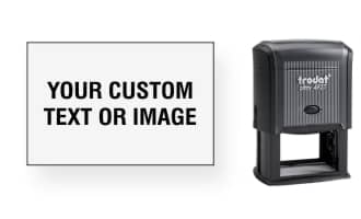 Customize your own 1-9/16" x 2-3/8" Trodat Printy stamp. Add text, preset designs or upload your own artwork! 1 business day turnaround! Free shipping!