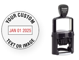 Custom Trodat 5415 Round Date Stamps made daily. Add your lines of text or upload artwork to imprint around the date Free Shipping. No Sales Tax - Ever!