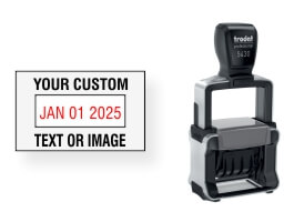 Customizable Trodat 5430 date stamps. Add your lines of text or upload artwork to imprint around the date Free same-day shipping. No sales tax!
