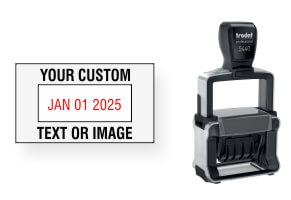 Trodat (1-1/8" x 2") 5440 Date Stamp. Add 4 lines of text or upload artwork to imprint around the date. 8 Unique ink colors. Free Shipping. No Sales Tax!