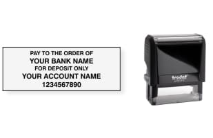 Order Now! Trodat 4913 Standard Check Endorsement Stamp. Just enter your bank, name and account number. Free shipping. No Sales Tax - Ever!