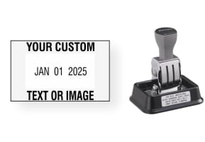 Customizable Xstamper N90 Pre-Inked date stamps. Add lines of text to imprint around the date. 1 business day turn around! Free Shipping. No Sales Tax!