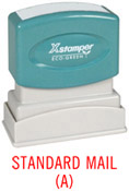 'STANDARD MAIL (A)' pre-inked Xstamper stock stamps with a 1/2" x 1-5/8" impression size. Multiple ink colors available. Free same-day shipping! No sales tax!