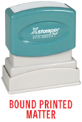 "BOUND PRINTED MATTER" pre-inked Xstamper stock stamp with a 1/2" x 1-5/8" impression size. Multiple ink colors available. Free shipping! No sales tax!