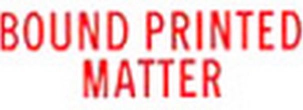 "BOUND PRINTED MATTER" pre-inked Xstamper stock stamp with a 1/2" x 1-5/8" impression size. Multiple ink colors available. Free shipping! No sales tax!