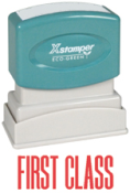 'FIRST CLASS' pre-inked Xstamper stock stamps with a 1/2" x 1-5/8" impression size. Multiple ink colors available. Free same-day shipping! No sales tax!