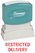 'RESTRICTED DELIVERY' pre-inked Xstamper stock stamps with a 1/2" x 1-5/8" impression size. Multiple ink colors available. Free same-day shipping! No sales tax!