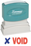 "VOID" (BLUE/RED) pre-inked Xstamper stock stamps with a 1/2" x 1-5/8" impression size. Free same-day shipping! No sales tax!