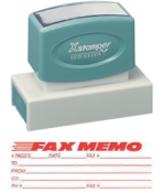 "FAX MEMO" large pre-inked Xstamper stock stamps with a 7/8" x 2-3/4" impression size. Oil-based Ink. Free same-day shipping! No sales tax!